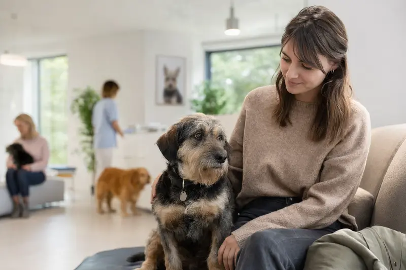 Ein Ohar Hund sitzt ruhig neben seinem Besitzer im hellen Wartezimmer einer modernen Tierarztpraxis.
